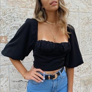 Amazing Lace Black Puff Sleeve Ruched Bust Crop Top